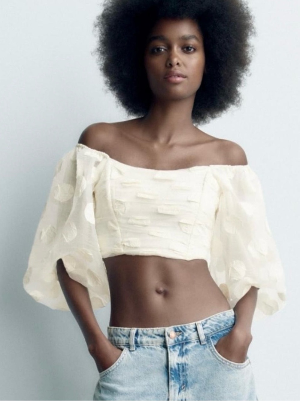 Zara White Organza Polka Dot Off-Shoulder Puff Sleeve Crop Top (Size M)